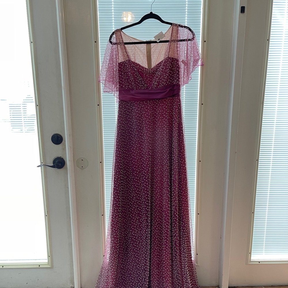 Theia Magenta beaded Flutter Sleeve Gown